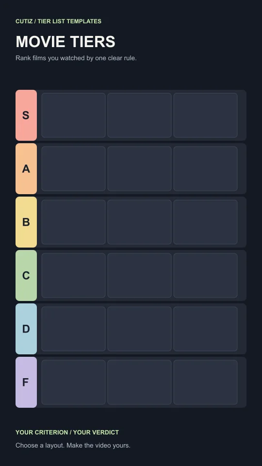 Blank animated movies tier list template with S, A, B, C, D and F rows